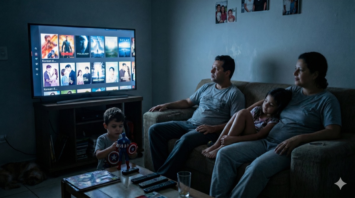 Família assistindo TV com catálogo dominado por produções estrangeiras