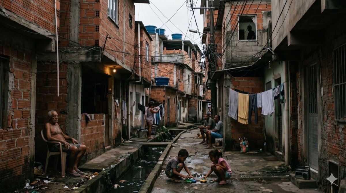 Beco de favela degradado com esgoto a céu aberto e fios cruzando o alto