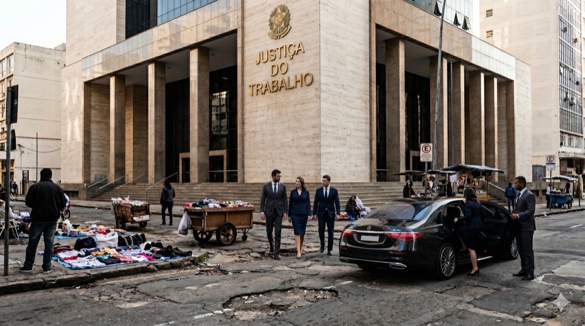 Tribunal trabalhista imponente diante de rua com trabalhadores informais