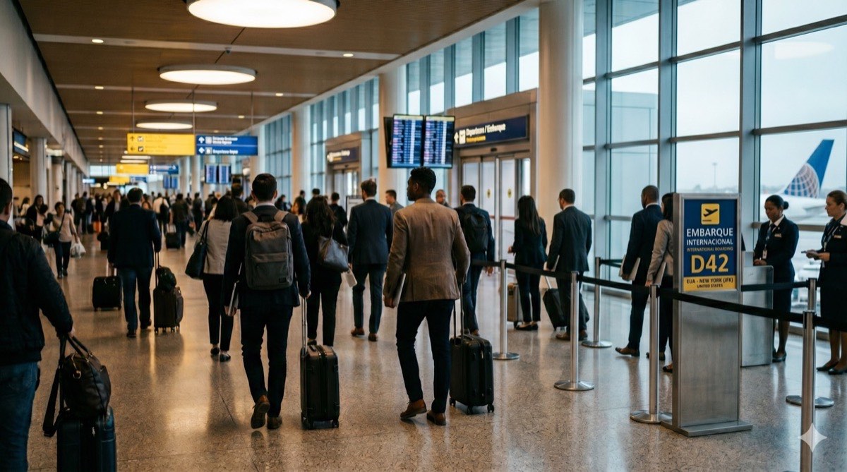 Profissionais de tecnologia deixando o país em terminal de aeroporto