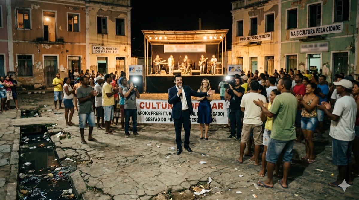 Casal bem vestido em show político cercado de população pobre e cenário degradado