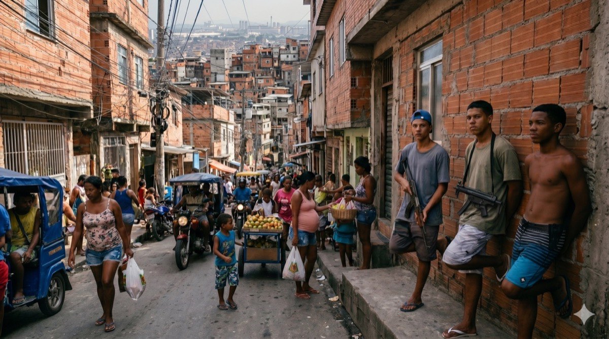 Homens armados controlando uma rua de favela à luz do dia