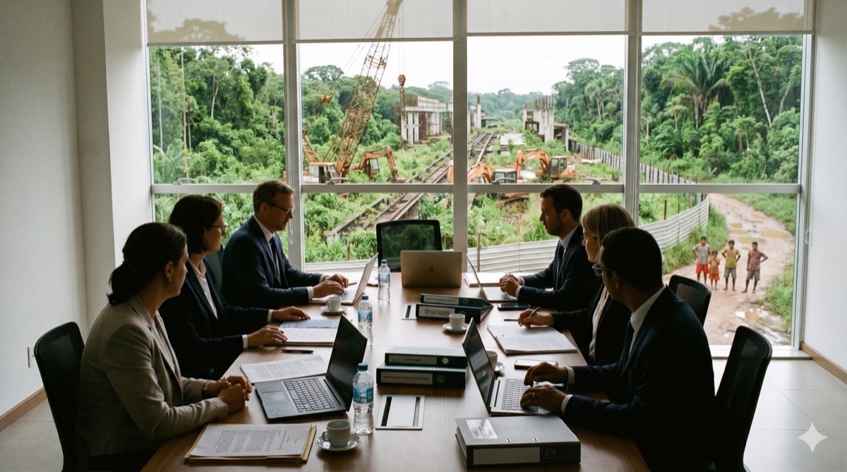 Reunião de ONGs estrangeiras diante de obra de infraestrutura paralisada