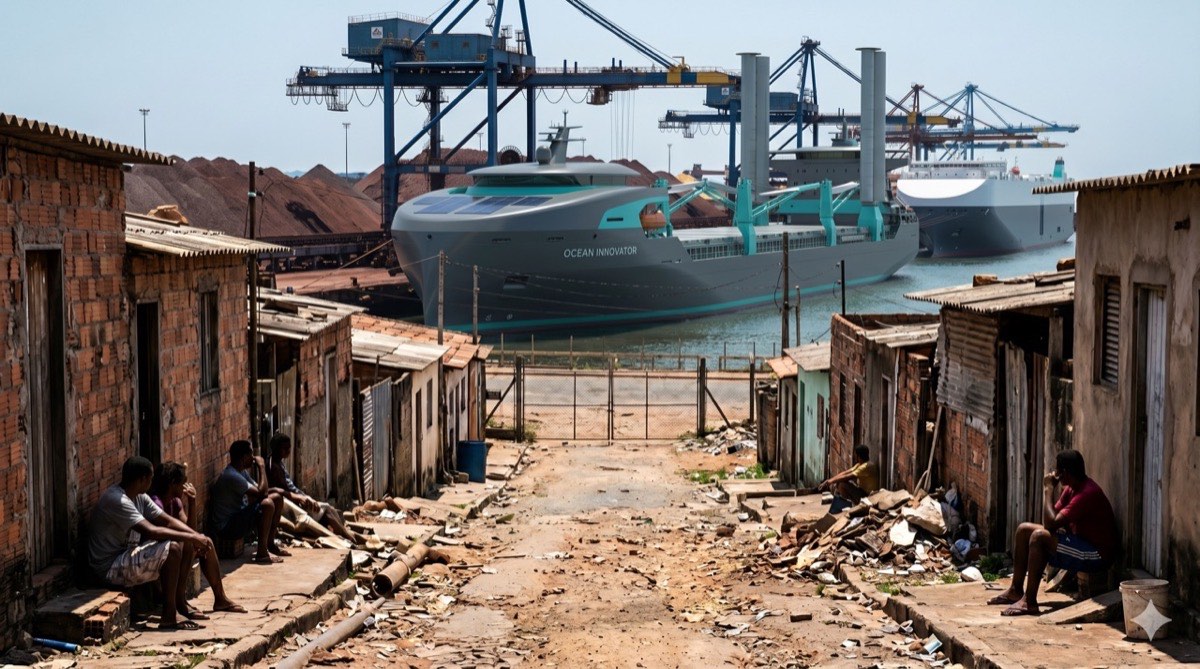 Rua pobre diante de porto industrial carregando minério bruto