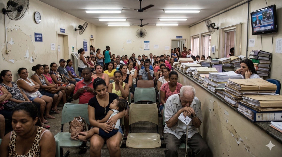 Sala de espera lotada de posto de saúde com fichas de papel empilhadas